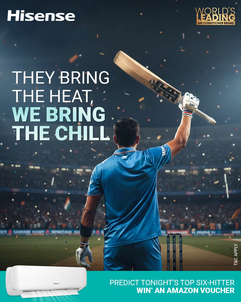 Big hits. Bigger moments. 💥
Who’s smashing the most sixes tonight?
Predict before the first ball &amp; win an Amazon Voucher 🛍️*

To enter:
• Follow @hisenseindiaofficial
• Comment “Done” &amp; tag 3 friends

Entries close before match start.
T&amp;C Apply*: docs.google.com/document/d/1HT…
