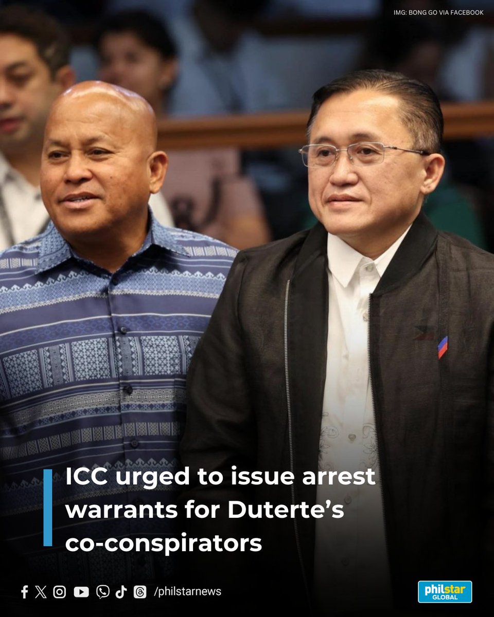 PhilstarNews's tweet photo. NO LONGER UNTOUCHABLE?

An international rights group is calling on the International Criminal Court to immediately issue arrest warrants for former and current government officials recently identified as "co-perpetrators" in the alleged crimes against humanity committed during Rodrigo Duterte’s war on drugs.

In a statement released on February 14, the International Coalition for Human Rights in the Philippines (ICHRP) welcomed the ICC's tagging of these officials, who were previously listed as redacted names in court filings.

Read: https://t.co/nBAI2k81JD