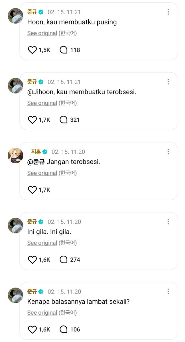 "hoon, kau membuatku pusing"
"<a href="/jihoon/">:P</a>, kau membuatku terobsesi."
"jangan terobsesi."
"ini gila. ini gila"
"kenapa balasannya lambat sekali"

KYUHOON LAGI BIKIN AU Y/N vs CEO APA GIMANE SIH? 😭😭😭😭