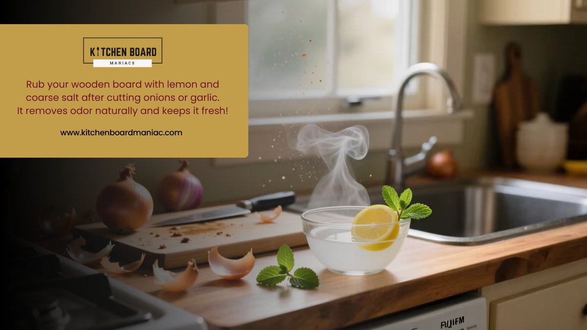 KitchenBoardM's tweet photo. After chopping onions or garlic, rub your wooden board with lemon and coarse salt.
It naturally removes odors and keeps your board fresh &amp; clean! 🌿🪵
Simple. Natural. Effective.
#KitchenHack #WoodenBoardCare #NaturalCleaning #HomeChefTips #SmartKitchen #EcoFriendlyLiving https://t.co/a7Bp3mw38F