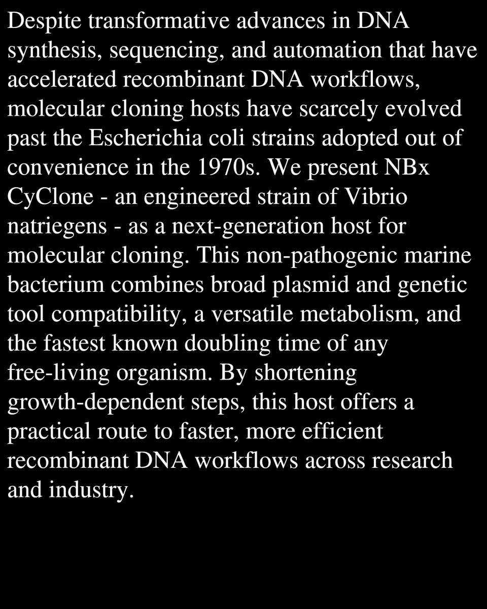 Outpacing E. coli: Development of Vibrio natriegens as a Next-Generation Cloning Host

Wei, E., Louie, M., Dessimoz, E., Orona, C., Smith, N., Holste, N., Slind, M., Nguyen, H., Anandhan, S., Kallivalappil, S. T., Weinstock, M. T.
biorxiv.org/content/10.648…