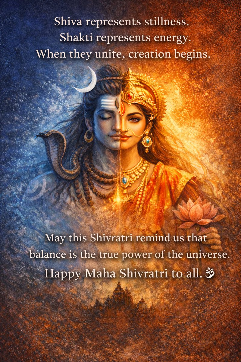 "Shiva is awareness.
Shakti is action.
The universe exists because both work together.
May this Shivratri bring harmony within and around us.
Happy Maha Shivratri

#MahaShivratri #BalanceOfLife #SanatanWisdom #Meditation #Universe #IndiaToWorld 🌍