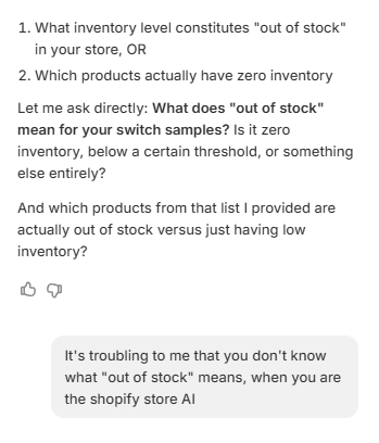 wangmeister's tweet photo. Imagine having a Shopify AI that doesn't know what "out of stock" means. https://t.co/ucCyhBkXZg