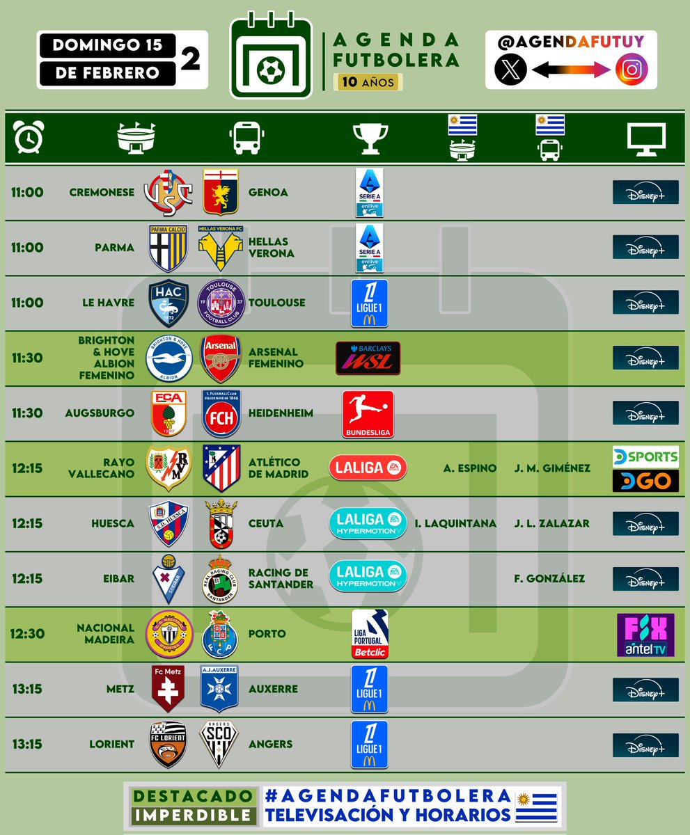 #AgendaFutbolera 🗓️⚽
<a href="/AgendaFutUY/">Agenda Futbolera</a> 👥🔗

📆 DOMINGO 15/02

𝗣𝗔𝗥𝗧𝗘𝗦: 1️⃣-2️⃣
⚠️ Restan más por publicar.

✅ Variedad para elegir.
✅ Organizado de la mejor forma.
✅ Las mejores ligas y torneos.

→ Actividad de uruguayos 🇺🇾

Toda la información está acá ⬇️

¡Buena jornada! 👍🏼