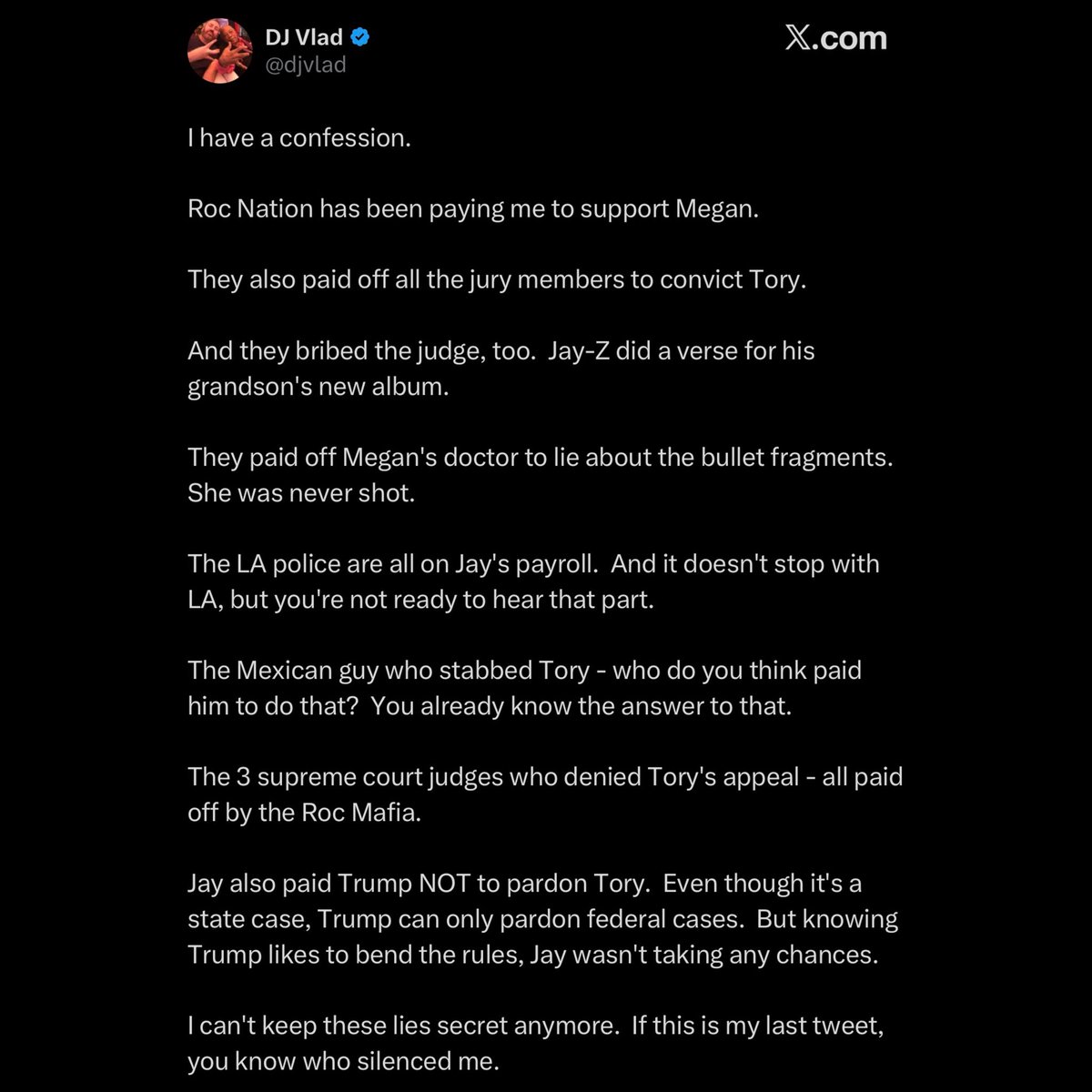 FearedBuck's tweet image. “I have a confession. Roc Nation has been paying me to support Megan. They also paid off all the jury members to convict Tory… Jay also paid Trump NOT to pardon Tory. Even though it's a state case, Trump can only pardon federal cases. But knowing Trump likes to bend the rules,…