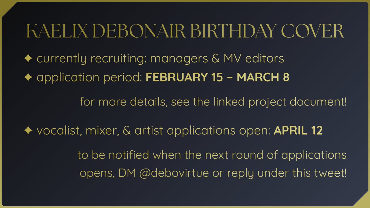 🎫🕶️ CALLING DEBONHEIRS ‼️

Want to participate in a project for our beloved bouncer's birthday this year? Applications for PROJECT MANAGERS and MV EDITORS are open now until MARCH 8!

(❤️+🔁 appreciated!)

🔗 docs.google.com/document/d/12E…