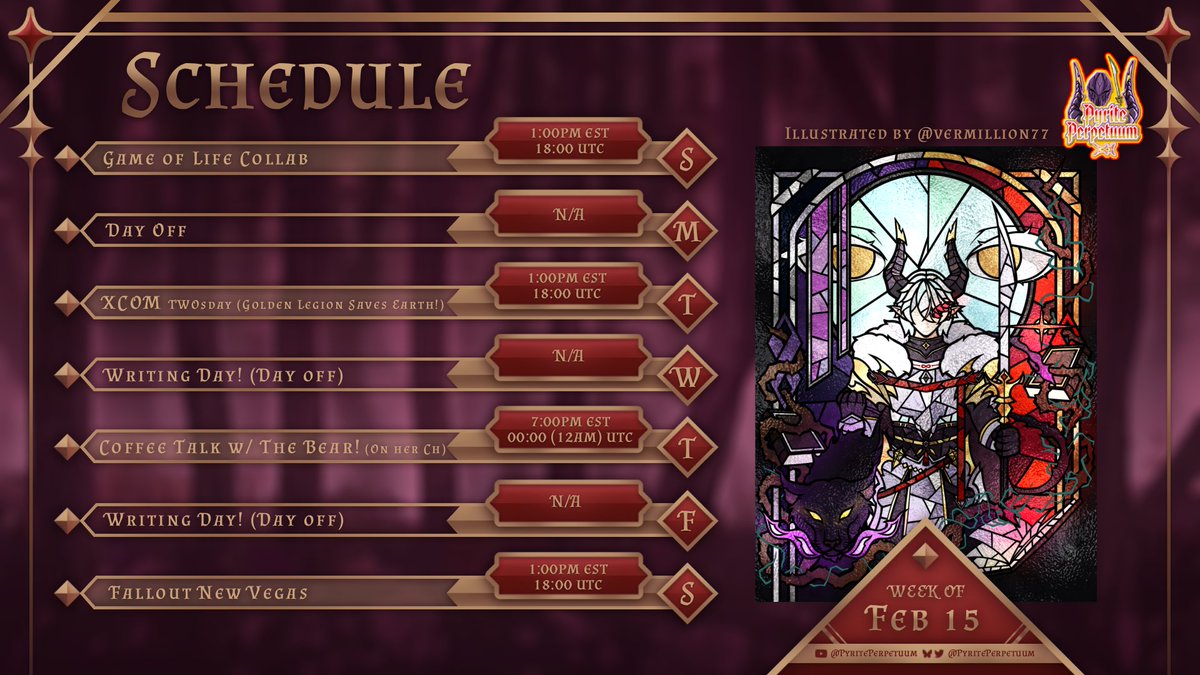 SCHEDULE FOR 2/15/26!
A lot of the same this week, but the Bear and I will be switching from Travellers Rest to Coffee Talk! Let's have fun voice acting!!!!! And I will be collabing with Lulu, Zaergis, and The Matriarch in the Game of Life!