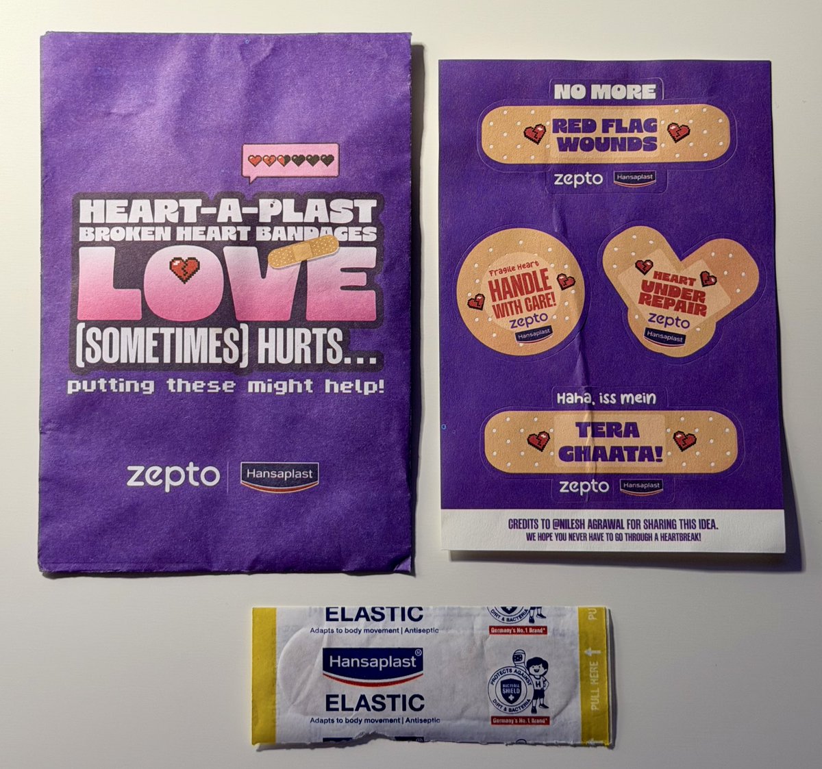 Zepto just pulled off the most unhinged marketing move I’ve seen -
and it hit WAY harder than expected. 👀

While <a href="/letsblinkit/">Blinkit</a> was busy sponsoring people’s date nights -
<a href="/ZeptoNow/">Zepto</a> chose violence.

Ordered groceries last night -
got a Heart-A-Plast.

A broken heart bandage.
With