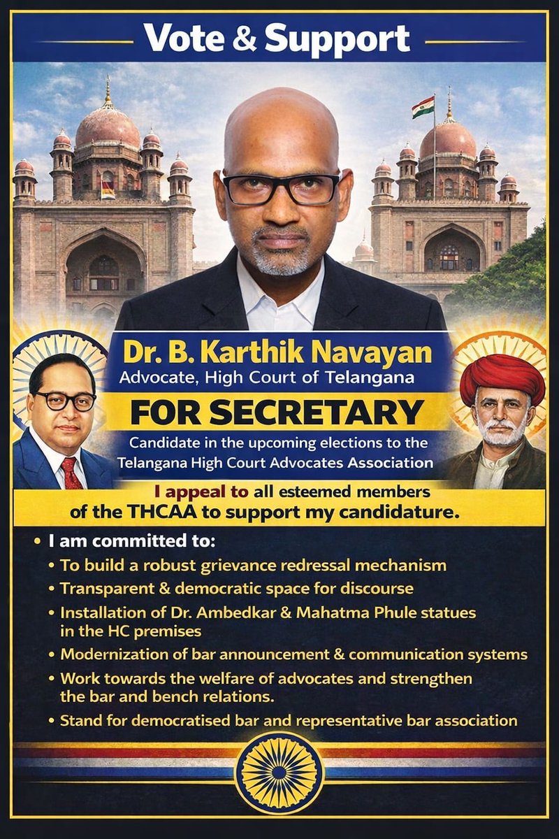 Navayan's tweet photo. Why Dr B Karthik Navayan, Advocate for the Secretary of the Telangana High Court Advocates Association 

I have extensive experience and dedication as a High Court advocate. As a practising lawyer at the Telangana High Court with over 20 years of experience, including hundreds of cases filed, many in the High Court itself, I bring deep practical knowledge of the legal system, judicial processes, and the challenges of advocacy. This hands-on expertise would enable me to effectively represent and address the professional needs, welfare, and administrative concerns of fellow advocates in the association.

Further, I am strongly committed to justice, human rights, and social equity. I consistently champion marginalised communities, fight caste-based injustices, and engage in progressive causes. I would bring principled, inclusive leadership to the association. This would help promote unity, ethical standards, and advocacy for broader access to justice among members.