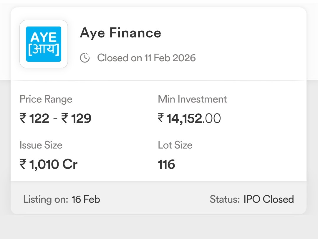 PAnalysist8866's tweet photo. AYE Finance listing outlook: GMP near ₹0 and weak subscription signal a flat debut around the ₹129 issue price.

 Expected range ₹125–₹132. 

Strong gains look unlikely unless heavy buying momentum appears on listing day.

To join our learning group link in Bio👆 https://t.co/pk4IeHvrmV