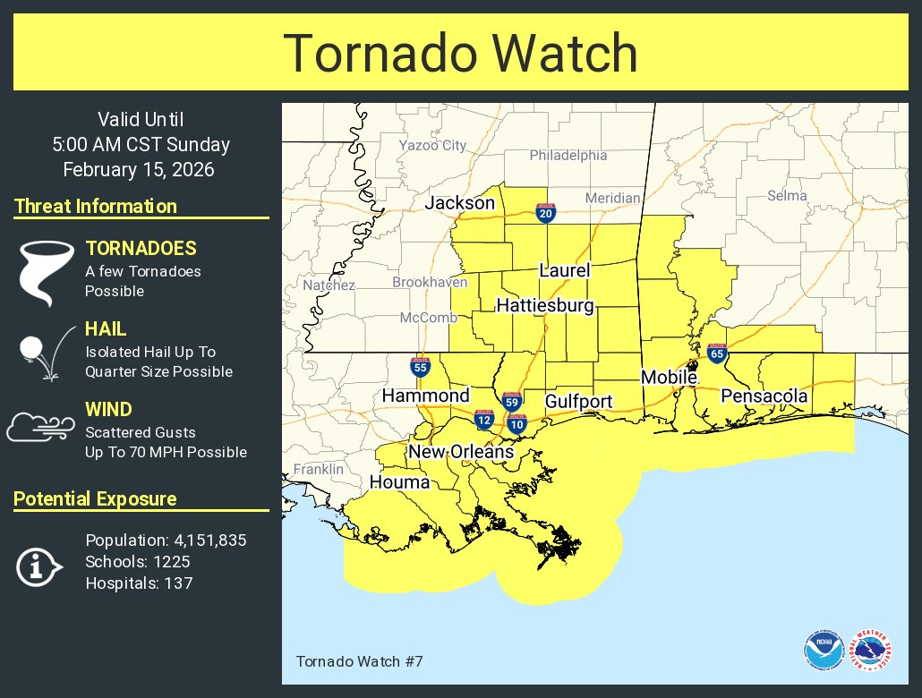 A tornado watch has been issued for parts of Alabama, Florida, Louisiana and Mississippi until 5 AM CST