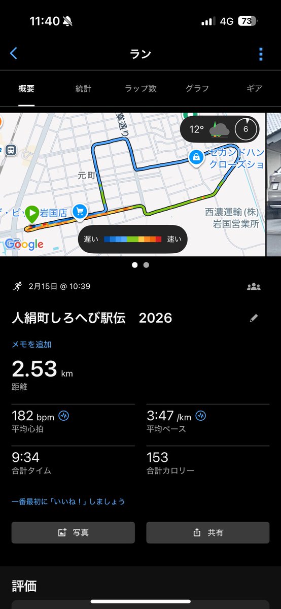run_blk's tweet photo. ご無沙汰してます。
人絹町しろへび駅伝　5区(2.53km)　9'34"

いい感じ！最近はトレミばっかりでスピード感がわからず、キロ4分目安で入ったけど、余裕あったので途中から一段ずつギアを上げて走った。
まだまだだけど、イメージより少し速く走れてよかった！ https://t.co/57A1yOKDX1