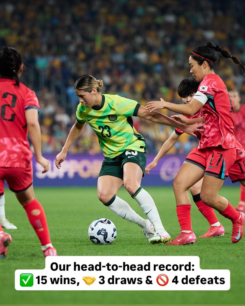 TheMatildas's tweet photo. 📰 History against our #WAC2026 group stage opponents: Korea Republic ⚔️

⏭️ Next Up: We go head-to-head again in our final group stage game of the #AFCWomensAsianCup.

🇦🇺v🇰🇷8.03.26 8pm AEDT - Sydney
🎟️ Tickets: https://t.co/jrlpQFZKjA

#Matildas #DreamFearless https://t.co/MldabeGguH