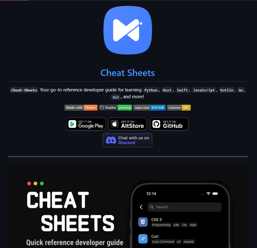 Dev_Discover_1's tweet image. Cheat Sheets: Your go to quick reference developer guide for learning Python, Rust, Swift, JavaScript, Kotlin, Go, Git, and more!
#cheatsheet