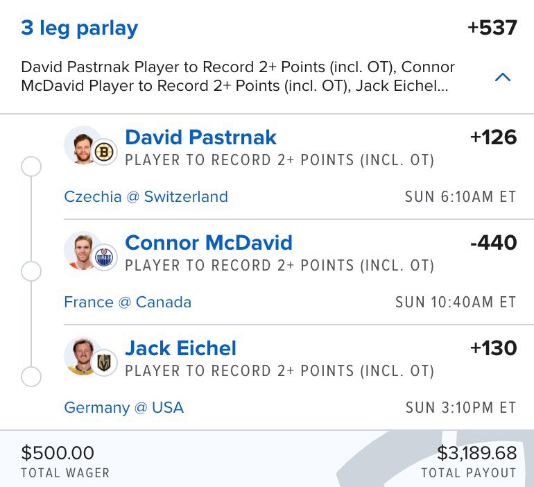 Who’s actually fading these three 😭🔥

$500 ➡️ $3,189.68 💰

🇨🇿 David Pastrnak 2+ points
🇨🇦 Connor McDavid 2+ points
🇺🇸 Jack Eichel 2+ points