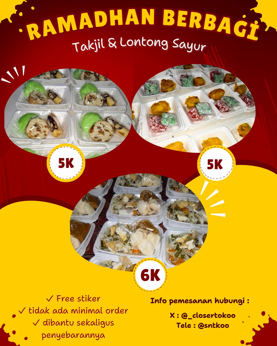 _closertokoo's tweet photo. help rt yaa🙏🏻🥺 Bismilah

hi aku menerima  titipan berbagi selama Ramadhan yaa :
✅ Takjil isi 3pcs/box
✅ Lontong Sayur
✅ Nasi dll

dibantu sekaligus penyebarannya bisa ke pekerja jalanan, RS, masjid &amp; panti asuhan🤗

menerima request menu &amp; harga
terima kasih🫶🏻 https://t.co/8RfOkK0MrA