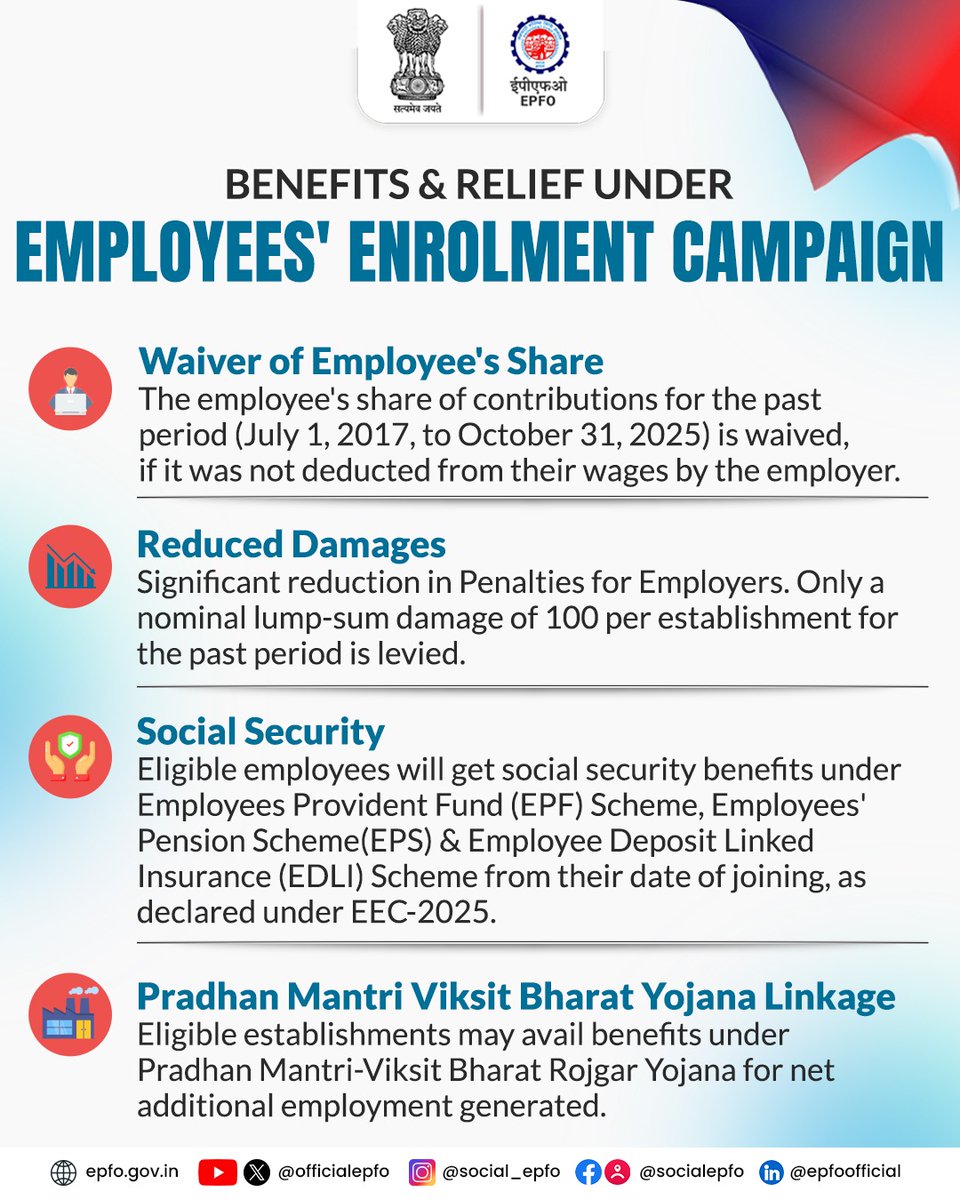 The Employees’ Enrolment Campaign 2025 provides significant relief and social security benefits to eligible employees and establishments.  Have a look at the major benefits of the scheme.  

#EPFOWithYou #HumHainNa #EPFO #ईपीएफओ #EmployeesEnrolmentCampaign

<a href="/narendramodi/">Narendra Modi</a>
