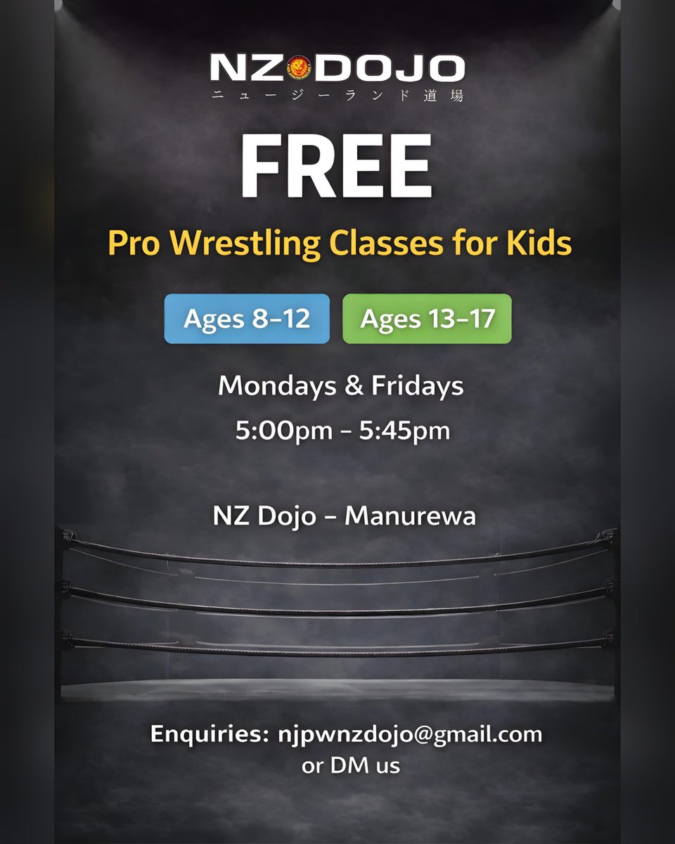 FaleDojo's tweet photo. FREE #ProWrestling Classes for Kids as part of our community programme. Open to boys & girls; structured, supervised, designed to build confidence, coordination & teamwork in a safe training space
๐ง njpwnzdojo@gmail.com or DM
#NZDojo #CommunityClasses #Manurewa #SouthAuckland https://t.co/VYfcI9Lecy