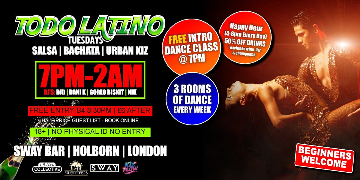 Bar_Salsa's tweet image. Join me on #Tuesdays TODO #LATINO
, #Holborn tube, Sway Bar, WC2B 5BZ.,for #classes and social dancing
Starting at 7pm with a #FREE intro class for #beginners
latincollectiveuk.co.uk #SALSA #BACHATA #KIZOMBA