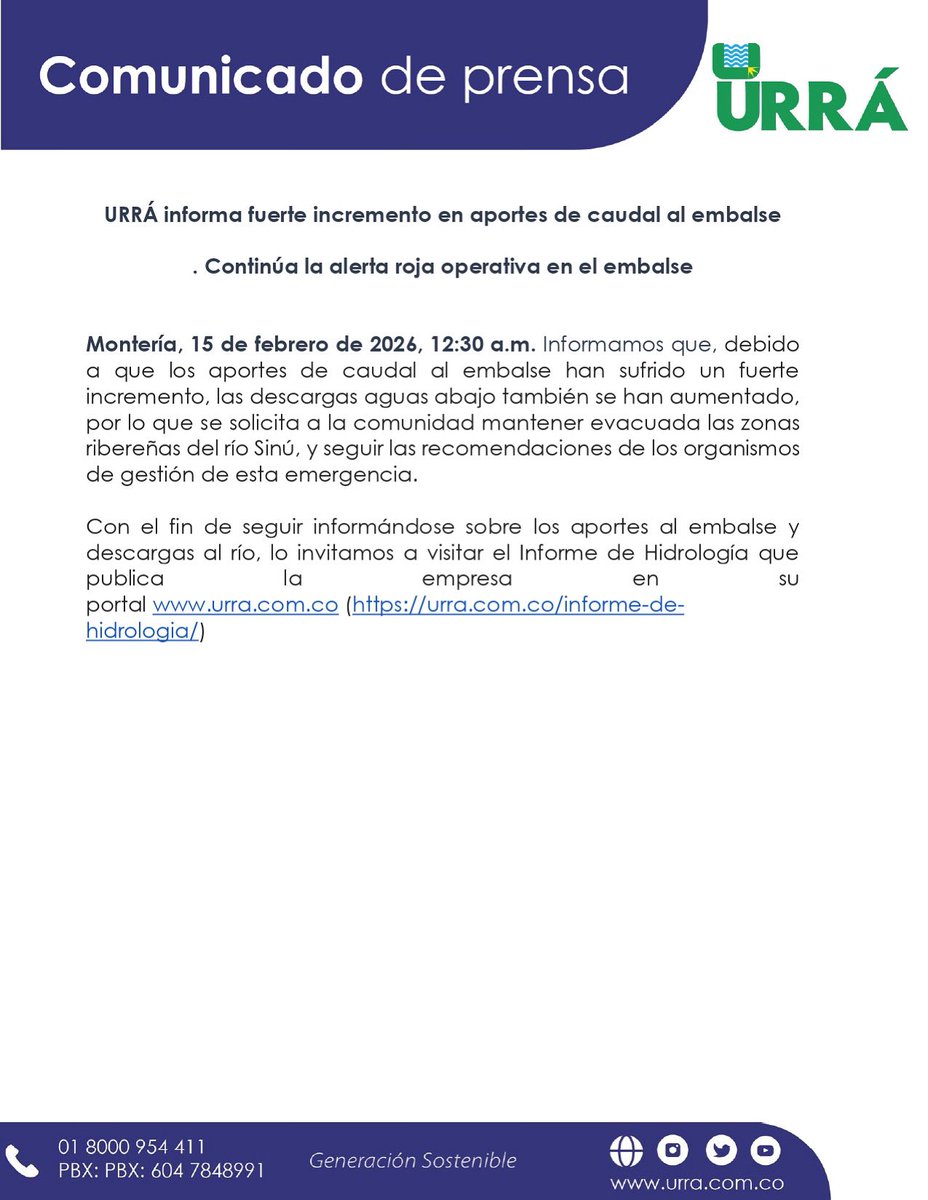 Urragenerador's tweet photo. URRÁ informa fuerte incremento en aportes de caudal al embalse. https://t.co/PEjKdJnFLc