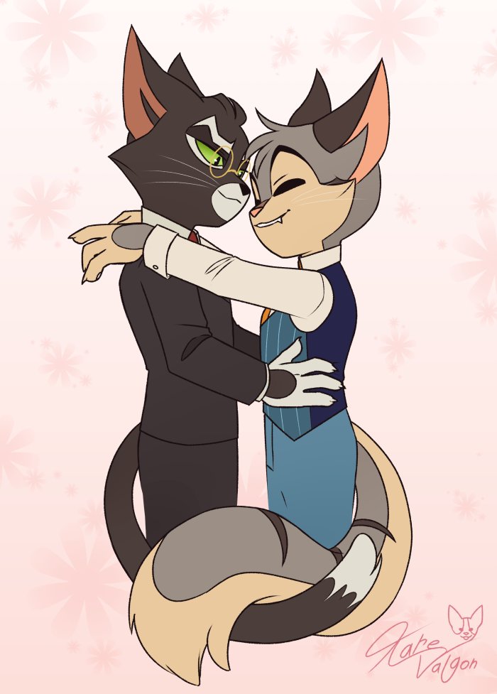 KareValgon's tweet photo. Happy Valentines day everyone! 💕  

Been a long time since I drew these boys together, so have some cat boy BL as a treat this year 🖤💙  

#Lackadaisy #Hellerby https://t.co/t0jANVNrlm