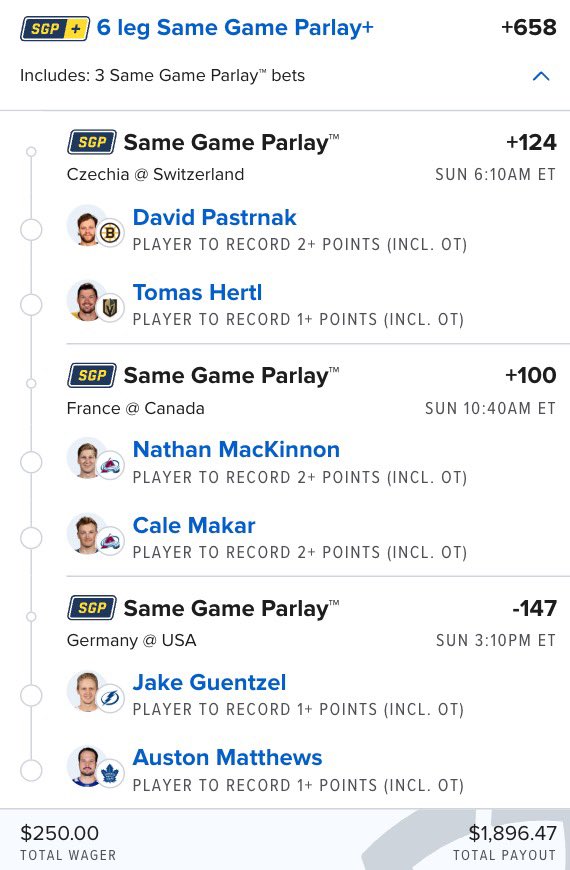 Let’s make some money tomorrow 😈💰

$250 ➡️ $1,896.47

🇨🇿 Pastrnak 2+ points
🇨🇿 Hertl 1+ point

🍁 MacKinnon 2+ points
🍁 Makar 2+ points

🇺🇸 Guentzel 1+ point
🇺🇸 Matthews 1+ point