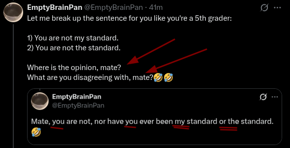 EmptyBrainPan's tweet photo. @Ausbloke93 @neutrinomoon Answer the questions, mate.

Where's the opinion? What are you disagreeing with in those statements?🤣🤣 https://t.co/teEaQkhIVA