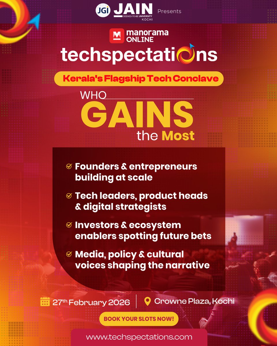 Techspectation's tweet photo. Who benefits most from Techspectations 2026? Anyone whose has to take futuristic decisions for growth.
Theme: Crystal Balling 2030
📍 Kochi | 📅 27 Feb
Your ticket to the future. Book now: https://t.co/zT0An8tlmN
@manoramaonline 
#CrystalBalling2030 #Techspectations https://t.co/06MAcOZxdB