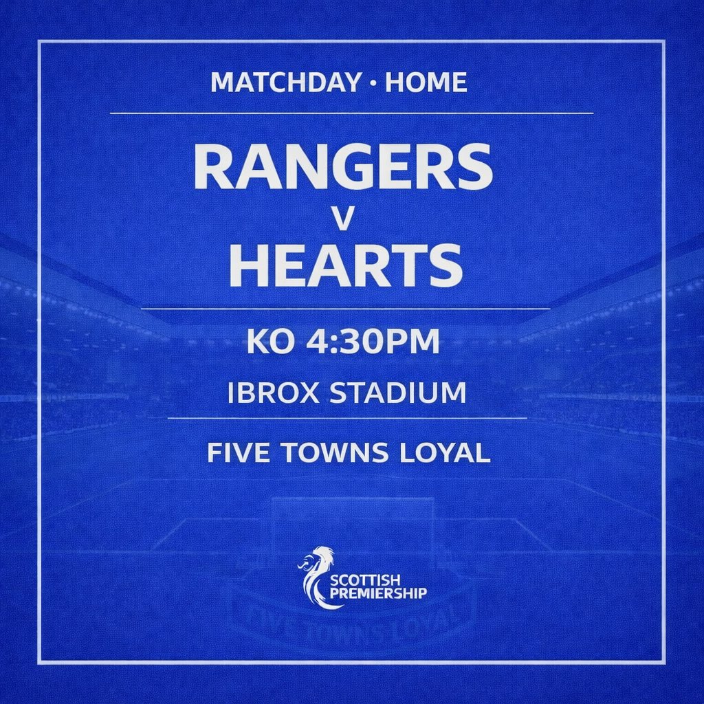 fivetownsloyal's tweet photo. MATCHDAY π΄βͺπ΅
Rangers welcome league leaders Hearts today in a huge game at the top of the table. A win cuts the gap and sends a message.
Full house. Full voice. Full ninety.
Back the team from the first whistle to the last.
#FiveTownsLoyal #5TL #Rangers #FollowFollow #WATP https://t.co/58LLEZsz8H