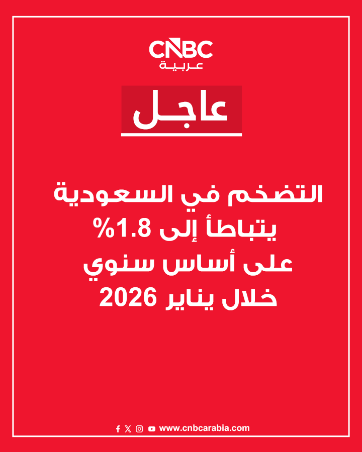 عاجل | التضخم في السعودية يتباطأ إلى 1.8% على أساس سنوي خلال يناير 2026. ارتفاع أسعار السكن والمياه والكهرباء والغاز وأنواع الوقود الأخرى بنسبة 4.2%، وهو المؤثر الأكبر في التضخم 