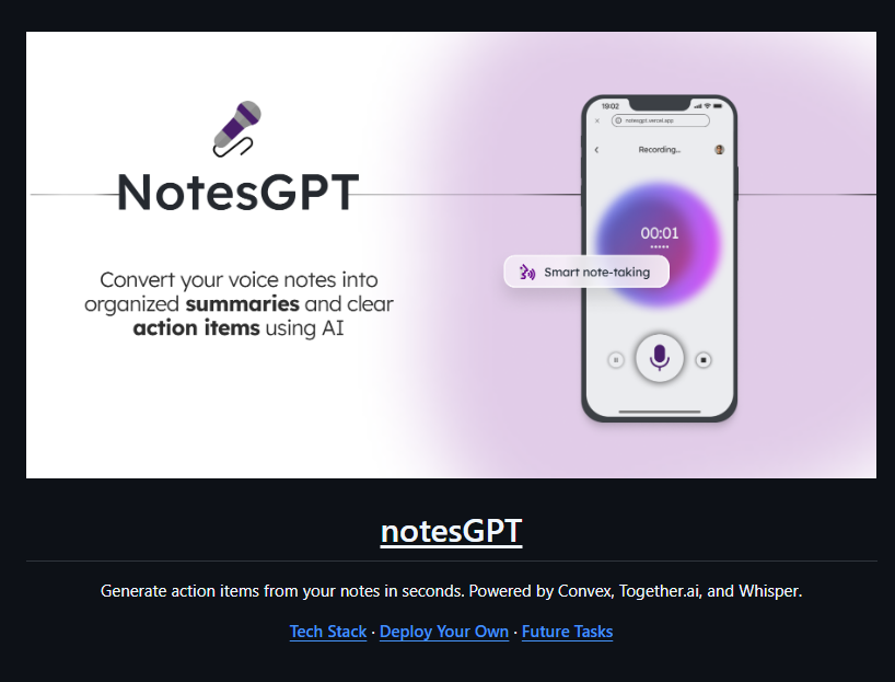 Dev_Discover_1's tweet photo. Record voice notes & transcribe, summarize, and get tasks
#opensource #NotesGPT https://t.co/eH0kwtgd48