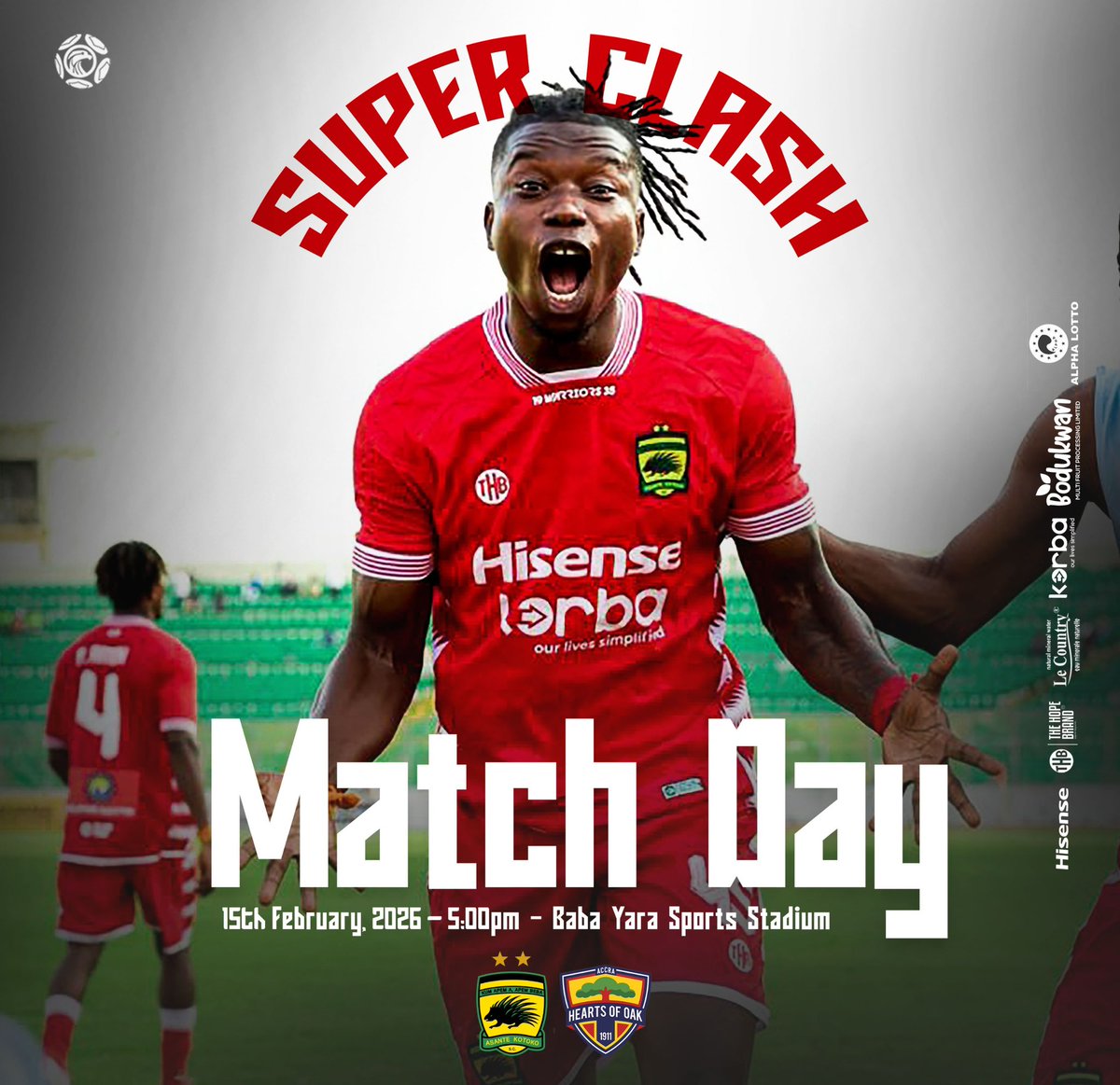 IT’S #SUPERCLASH MATCHDAY.

🆚 <a href="/HeartsOfOakGH/">Phooobia! - #WeNeverSayDie 🏅🏆</a> 
🏆 <a href="/GhanaLeague/">🇬🇭 Ghana Premier League</a> 
🕰️ 5:00PM
Get your tickets 🎫 at the gate and let’s win together.

#KotokoHearts