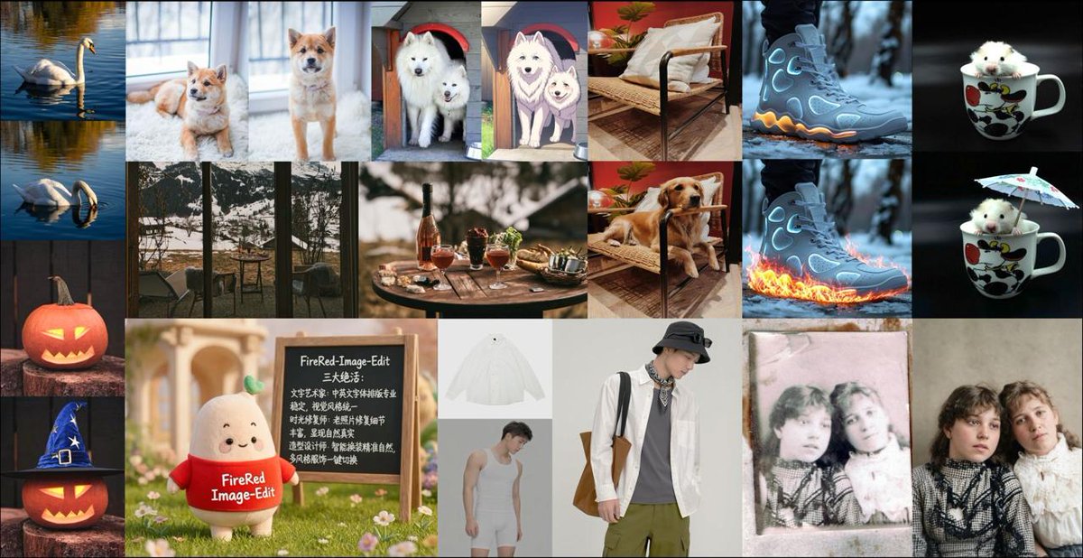 Machinelearrn's tweet image. ⚡️  FireRed-Image-Edit-1.0 - новая SOTA для редактирования изображений.

И самое интересное - это open-source и готово к локальному запуску.

Что умеет модель:

- Обгоняет закрытые решения
(лучше Nano-Banana и Seedream 4.0 на бенчмарке GEdit)
- Построена с нуля на базе