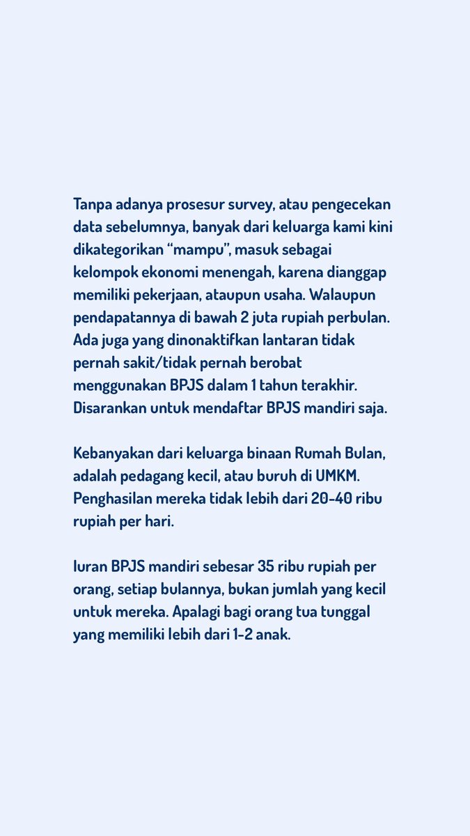 ‼️Urgent Help Needed‼️ 

Urusan BPJS PBI ini betul - betul jadi kendala gak terduga, yang makan waktu, tenaga, dan pikiran kami. Ibarat sudah jatuh, tertimpa tangga. Yang tadinya susah, jadi susah banget 😂

Keluarga Rumah Bulan yang terdampak ada 190 orang. Kami sampai harus