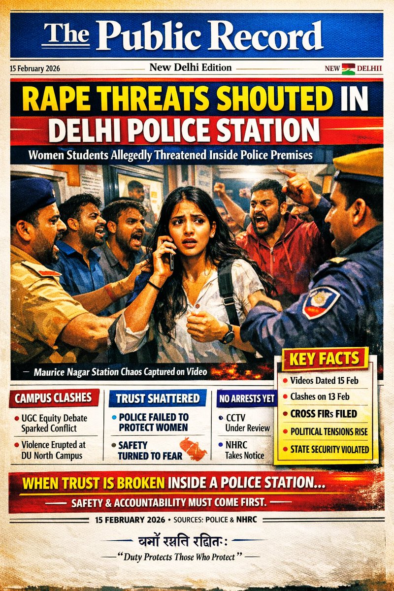<a href="/JtrahulSaini/">Rahul Saini</a> 🚨 BREAKING NEWS | PUBLIC SAFETY • Delhi Police Station Threat Case
Date: 15 February 2026 📅

Headline
• Rape threats shouted inside Delhi police station

Opening Hook
• Women students were allegedly threatened inside a police station.
• The place meant for safety became a