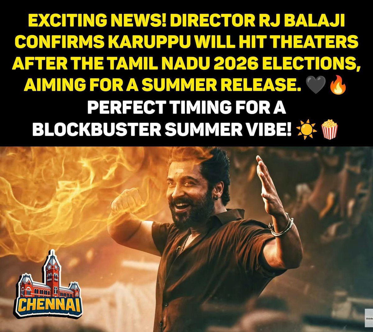 memeschennai's tweet photo. 🖤🔥 Big news! “Karuppu” drops after TN Elections 2026 – get ready for a summer blockbuster! 🎬✨

#KaruppuMovie #RJBalaji #TamilCinema #TNPolitics2026 #SummerRelease #Kollywood #MovieBuzz #BlockbusterVibes #FilmLovers #CinemaMood https://t.co/7zC3GYGCxj
