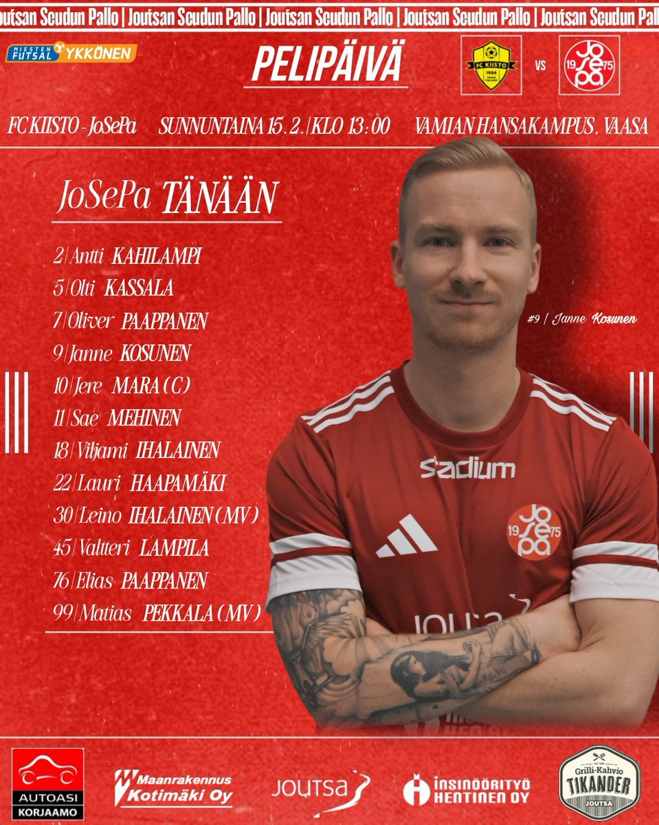 Pelipäivä! Eilen napattiin viikonlopun ensimmäiset kolme pistettä, tänään jahdataan niitä lisää! FC KIISTO - JoSePa klo 13:00 Vamian hansakampuksella. 🔴⚽

Livestriimi ⬇️
youtube.com/watch?v=WnHYWQ…

#futsalfi #joutsa