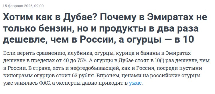 Региональные сми задаются вопросом:

"Почему в Эмиратах не только бензин, но и продукты в два раза дешевле, чем в России, а огурцы — в 10"