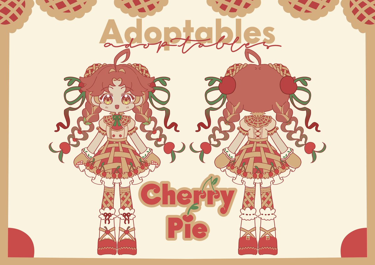 [🧡 &amp; 🔄 is highly appreciated!]

🥧 Cherry Pie Adoptable 🍒 

Price: 18$
Commercial: 🆗️ [extra 7$ or 20$ for merch]
Include: design notes, front, and back PNG

🔗vgen.co/Askamala/produ…

#VGenShop