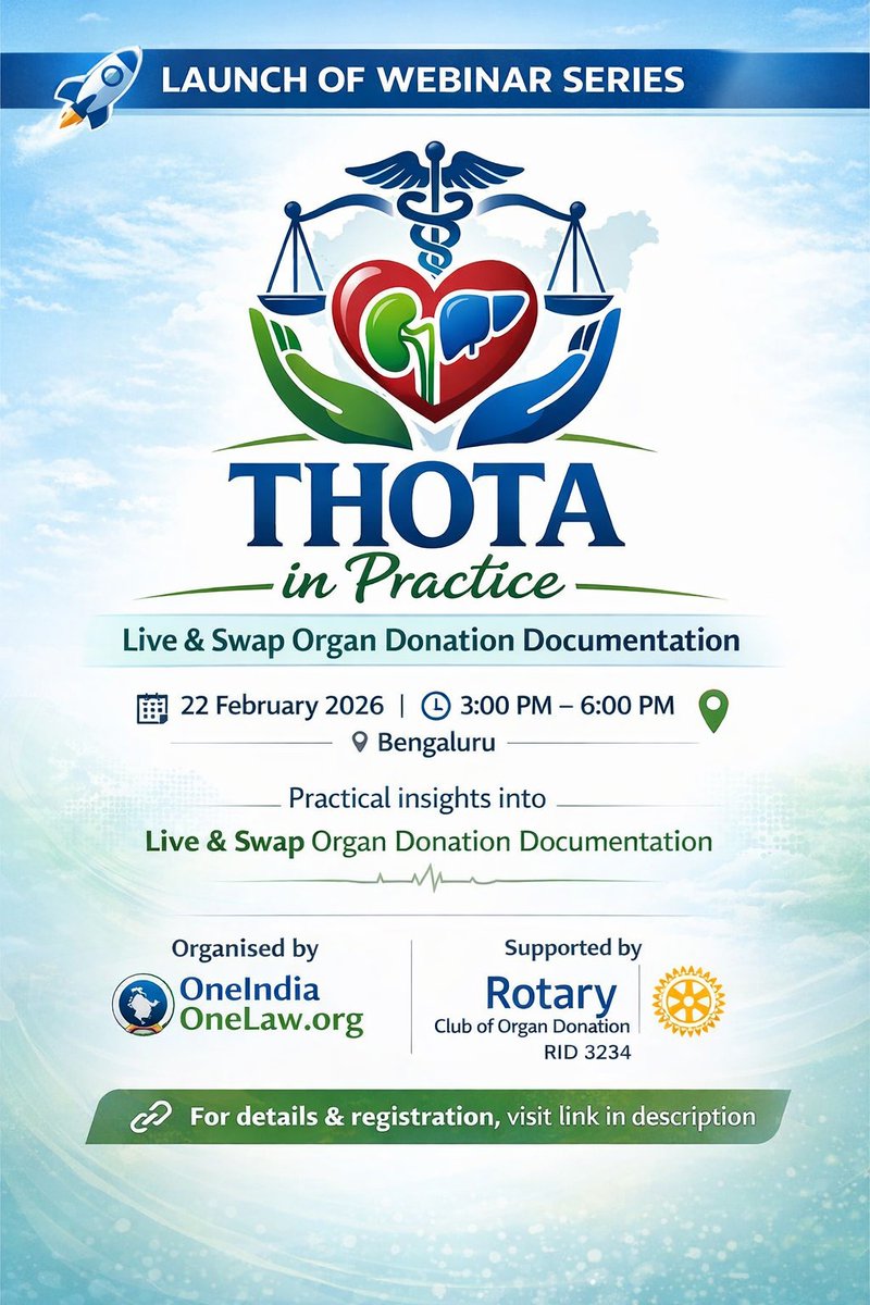 1IndiaOneLaw's tweet photo. THOTA In PRACTICE - Organ Donation Law Webinar Series 📱 *Join Virtually via Zoom*  (This is a hybrid event.) 
🔗 *Register here:* https://t.co/QzlkbPhEPM
@ORGANINDIA1 @NottoIndia @MoHFW_INDIA @GujaratSotto @GoaSotto @JaipurSotto @SottoMP @SottoPunjab @PgimerRotto @Rotary https://t.co/sWJKhuGlms