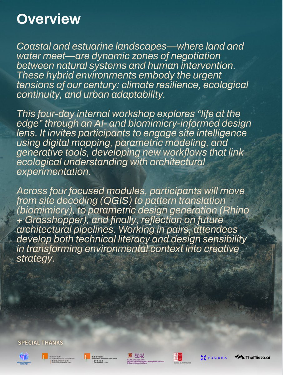provides_ism's tweet photo. COUNTDOWN: 5 DAYS TO GO 🌊���🌿

Contextual Intelligence: Biomimicry, AI, and the Land–Water Interface

Dates: 21, 22, 28 FEB &amp; 1 MAR 
Time: 6–9PM HKT (Zoom) 
Level: Intermediate

🗺️ Decode data | 🌿 Translate biology | 💻 Design with AI

🔗 Register now: https://t.co/sy8iaQhL2L https://t.co/pEtoMiF6Yn
