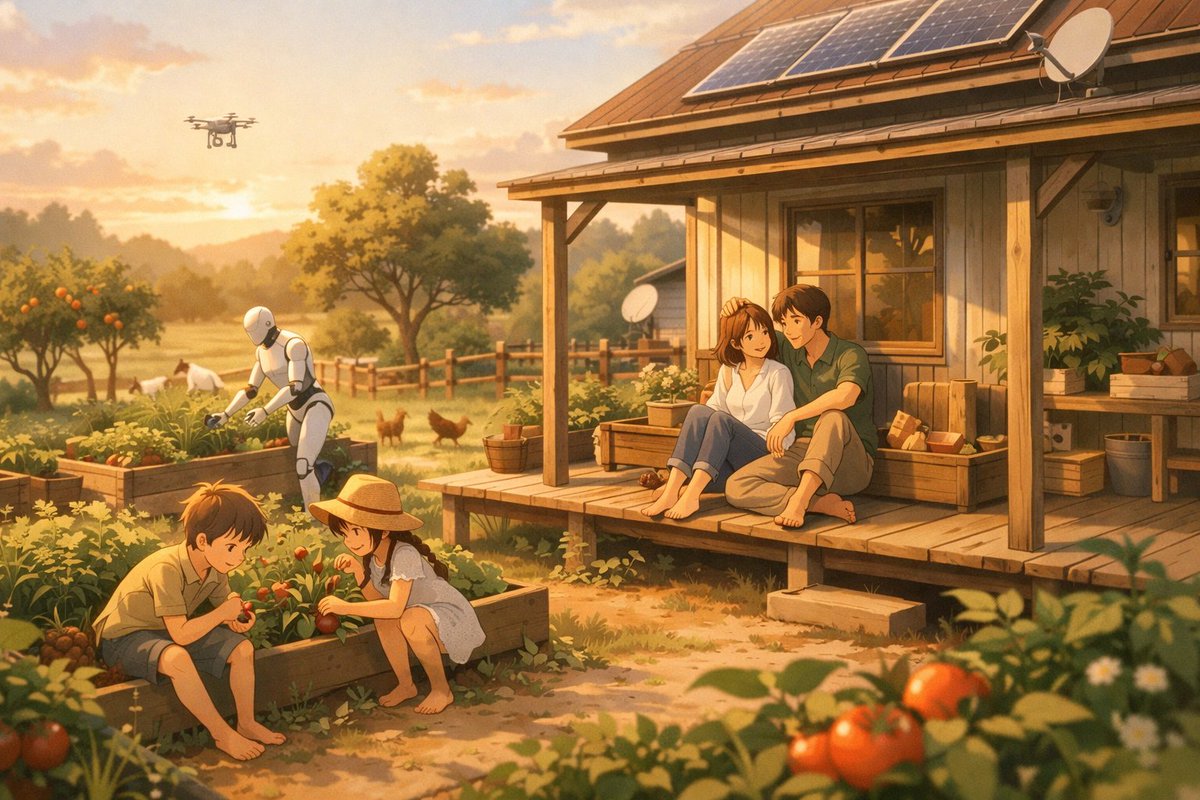 Bunagayafrost's tweet image. 5 acres. Two humanoids. 3D printer. Starlink. Solar roof. A few GPUs running a local AGI. 
Security drones, chickens roam, fruit trees heavy with harvest. Kids run barefoot past potato rows, as robots fix the fence.
Civilization optional. Family of 4 on the techno homestead.