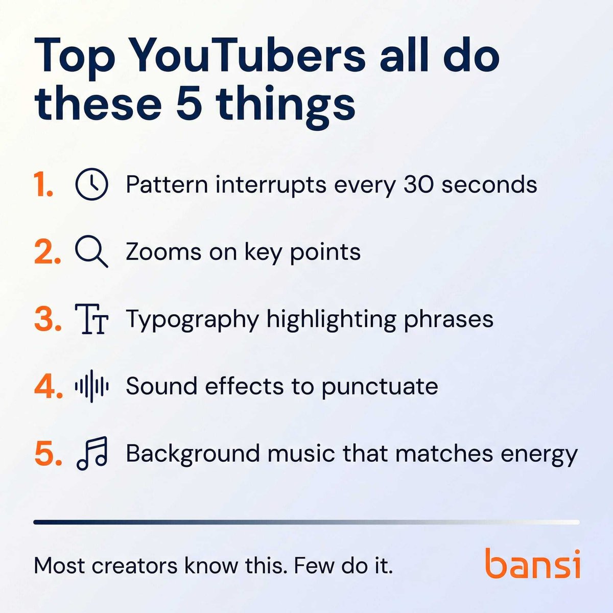 bansi_ai's tweet photo. Top YouTubers use 5 editing techniques that take hours to apply manually.

Bansi does all 5 automatically:
• Pattern interrupts
• Smart zooms  
• Typography
• Sound FX
• Music matching

Upload raw footage → polished video. No editing skills needed. https://t.co/m5fjvtKbro