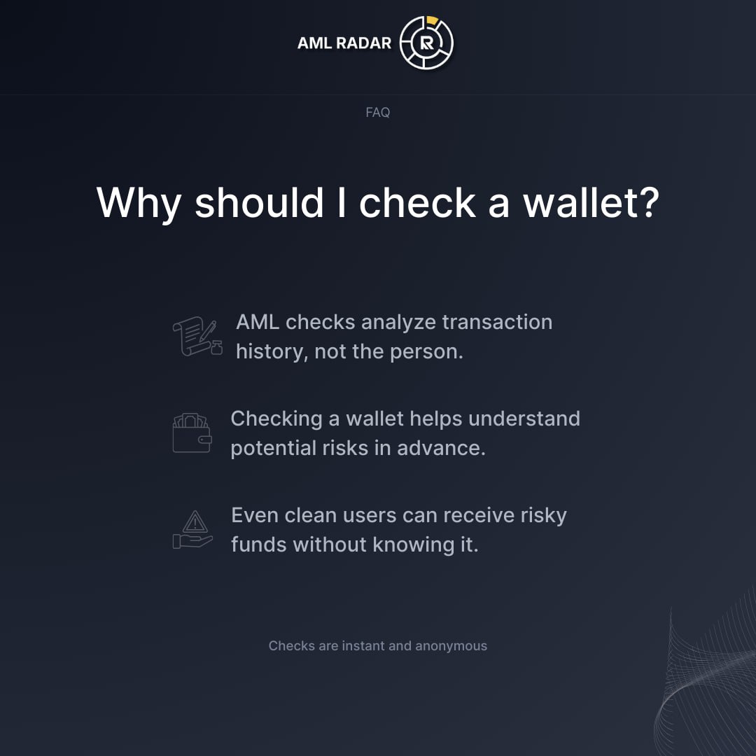 AMLRadar's tweet photo. Why check a wallet? π€
Because AML looks at transaction history - not the person π
Even clean users can receive risky funds without knowing it.
Awareness before transfer beats surprises later π‘οΈ
#crypto #aml #wallet #onchain #cryptoaml https://t.co/XoelY4TA2j