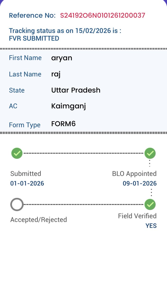 MANOJKMJ's tweet photo. Dear Sir / Madam 
@ceoup 
@ero_kaimganj 

मेरे पुत्र  के Form-6 पर FVR submit हुए एक महीने के आस-पास का समय हो गया है । अभी तक निस्तारण नहीं किया गया, कृपया संज्ञान लें । 🙏 https://t.co/89vIluALip