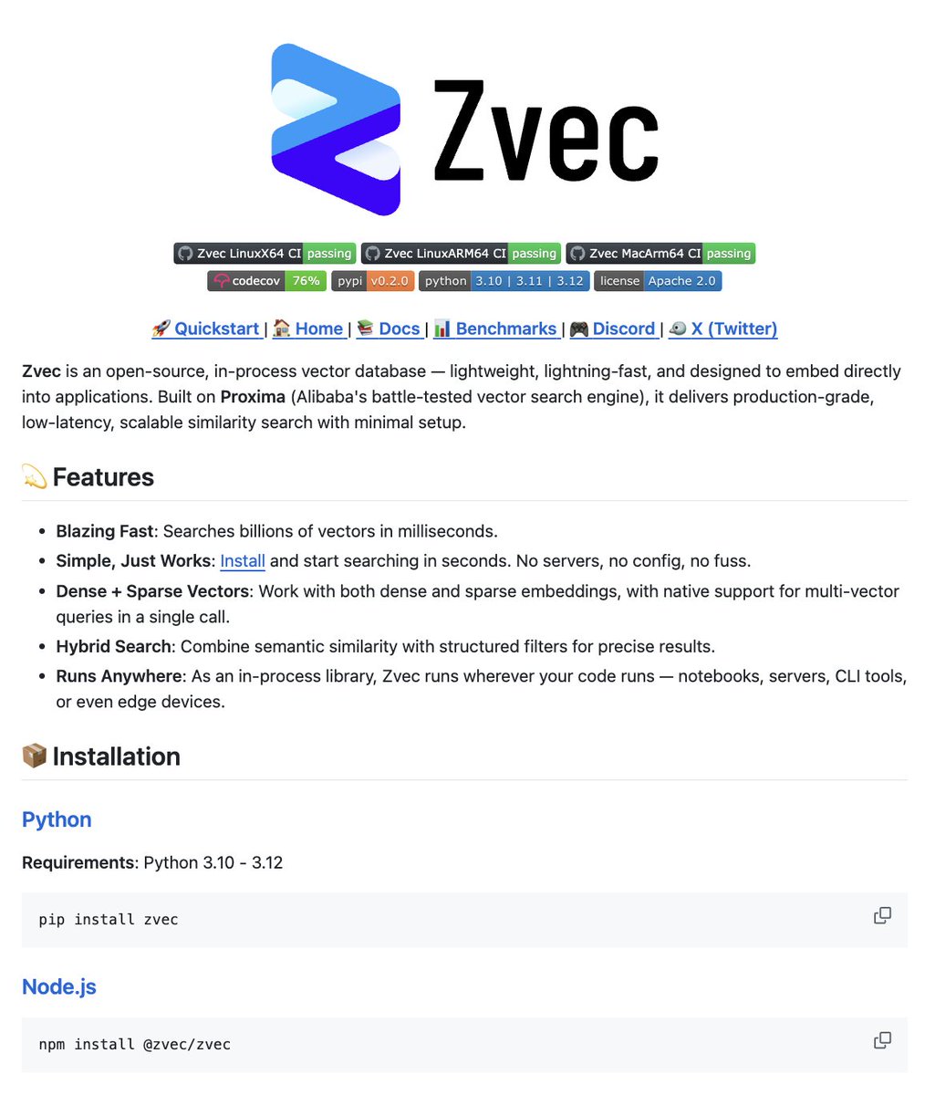 China's Alibaba just opensourced the SQLite of vector databases.

zvec runs as a library inside your app and is built for on-device RAG

no external server. no pinecone. no qdrant instance.

100% opensource.
