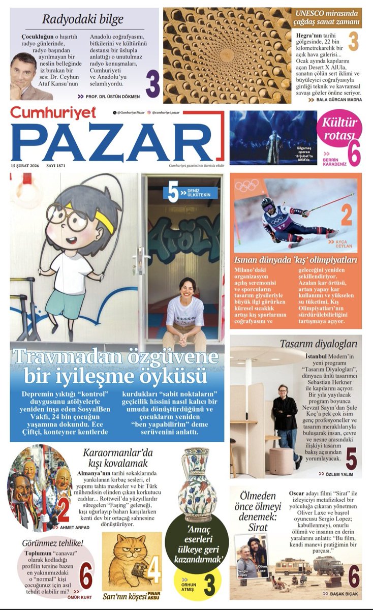 Travmadan özgüvene bir iyileşme öyküsü.
Zülal Kalkandelen: Merhamet değil hak!
Kış Olimpiyatlarının geleceği tehlikede.
Çöl sanat alanına dönüştü.
Bugün Cumhuriyet Pazar'da.