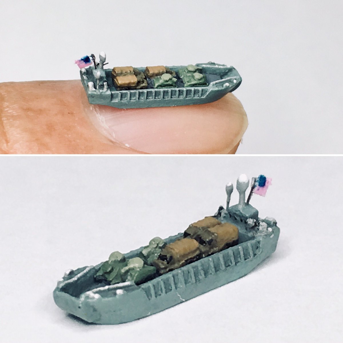 Micromodeler's tweet photo. １／2400   USN   LCT
アメリカ海軍　上陸用舟艇(前期型)

上陸用車両も取り外し出来る様に一体型になってます。

#艦船模型 #スケールモデル #艦船 #ミニチュア模型 https://t.co/qk4f8RcxL4