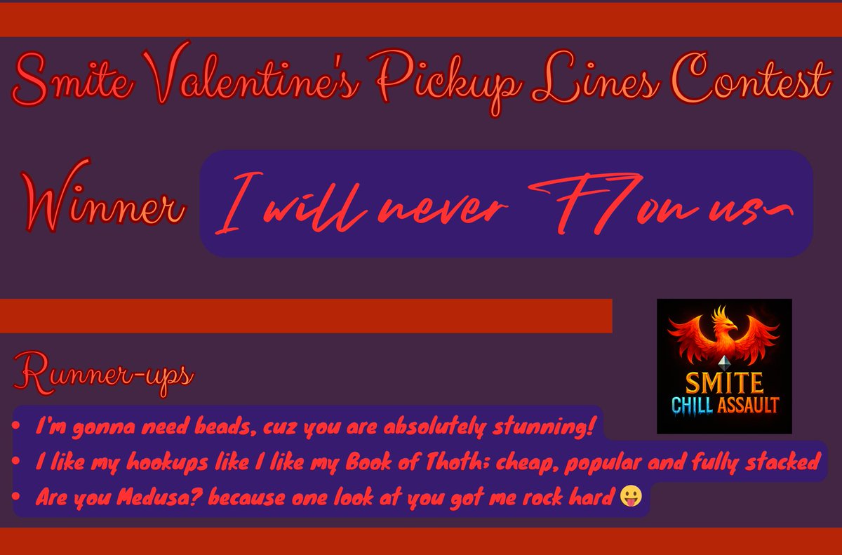 ChillAssault's tweet photo. After 67 submissions from Discords/Reddit/FB/XB Clubs/Steam over 5 days, and 3 days of judging from 40+ of the Chill Assault discord members, the winner is "I will never F7 on us~"!

The Smite community is witty AF! Happy Valentines! ❤️ 
#Smite #Smite2 @SMITEGame  @Hinduman_ https://t.co/JboppiPOue