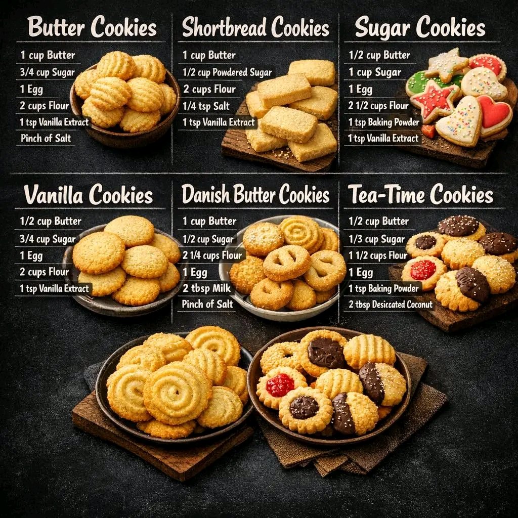 DrPaiwanFan's tweet image. 1. Butter Cookies

Ingredients
 • 1 cup Butter (softened)
 • ¾ cup Sugar
 • 1 Egg
 • 2 cups All-purpose Flour
 • 1 tsp Vanilla Extract
 • A pinch of Salt

Instructions
 1. Preheat oven to 180°C (350°F).
 2. Cream butter and sugar until light and fluffy.
 3. Add egg and